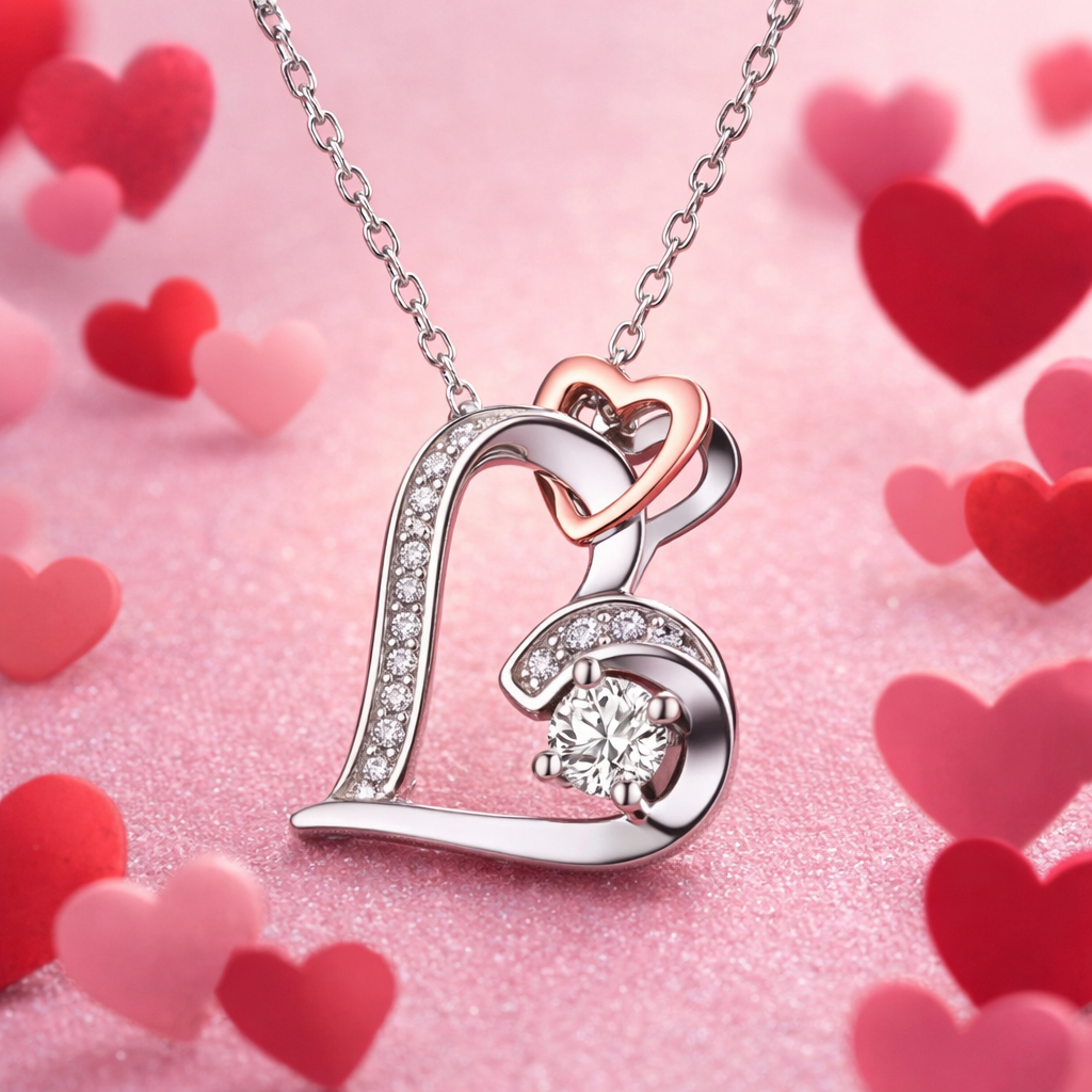 "Her Zaman Senin" Podwójne Serce Błyszczący Naszyjnik – Ponadczasowy Symbol Miłości, Zaręczyn i Nieskończoności | Idealny Prezent na Walentynki